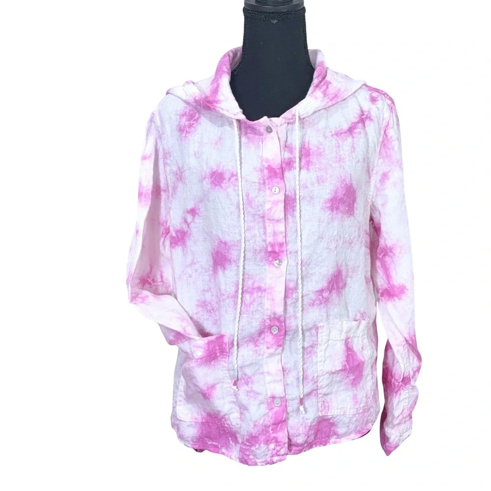 Rachel Zoe Linen Pastel Tie Dye Hooded Top Small Oversized Hoodie Beachy Coastal